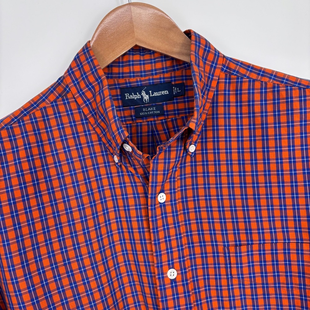 Polo Ralph Lauren Blake Shirt Mens Large Orange Blue Plaid Cotton Preppy